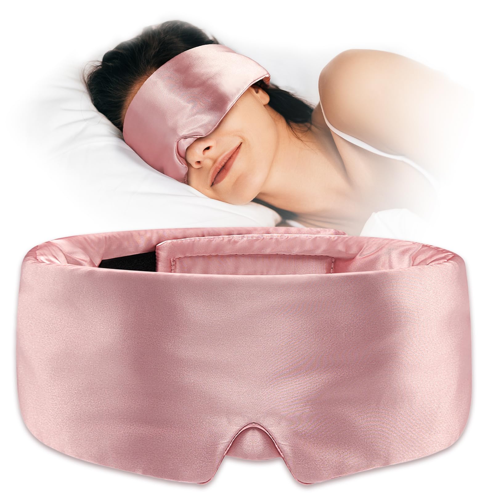 Umisleep masque satin rose sur le visage, douceur pour la peau.