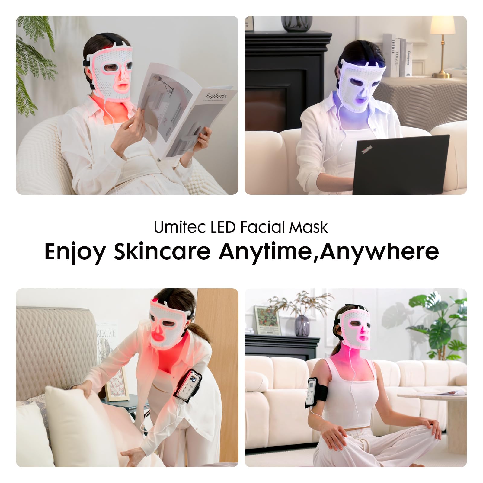 Umitec Masque Lumière Visage: spectre rouge, infrarouge et bleu pour soins ciblés.