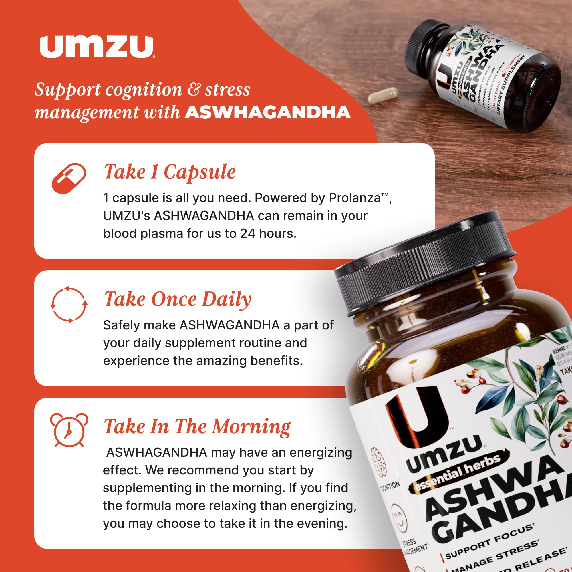 UMZU Ashwagandha – mains tenant une gélule, intégration facile au rituel quotidien.