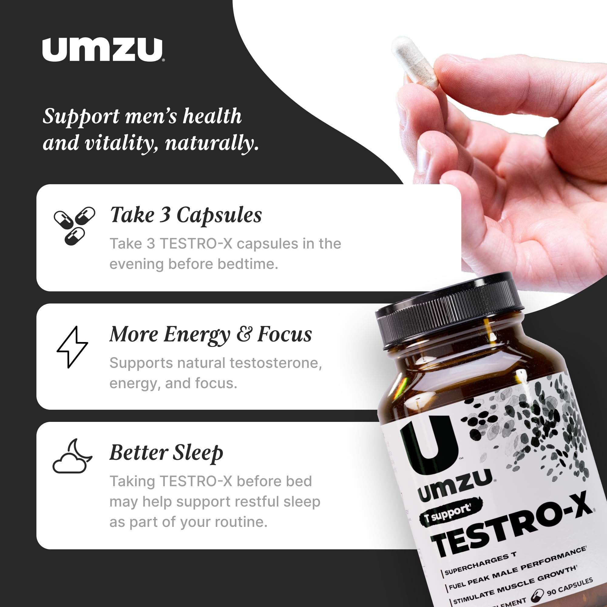 UMZU Testro-X zinc: mise en avant du nutriment clé pour récupération.