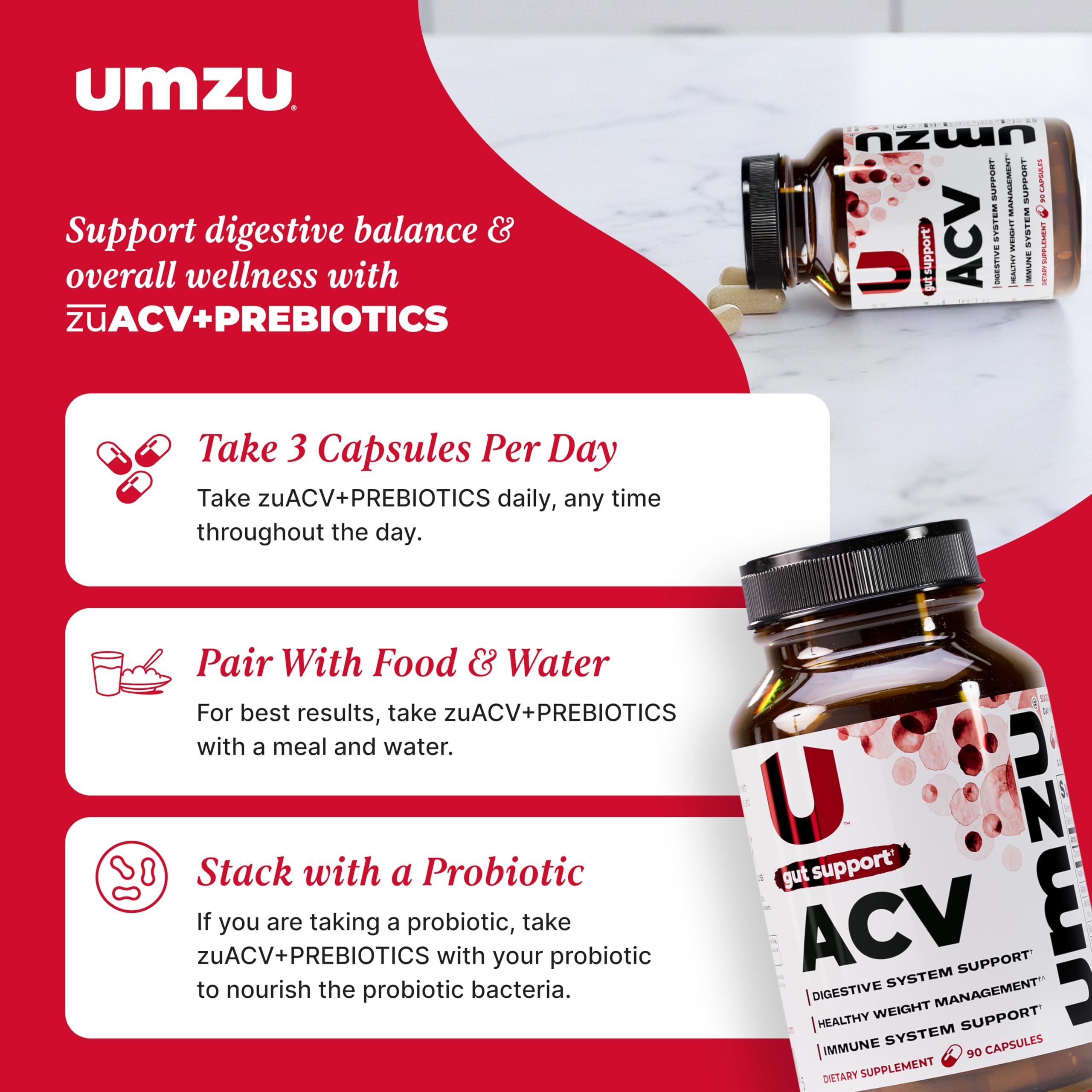 UMZU zuACV associe prébiotiques et vinaigre pour un équilibre intestinal.