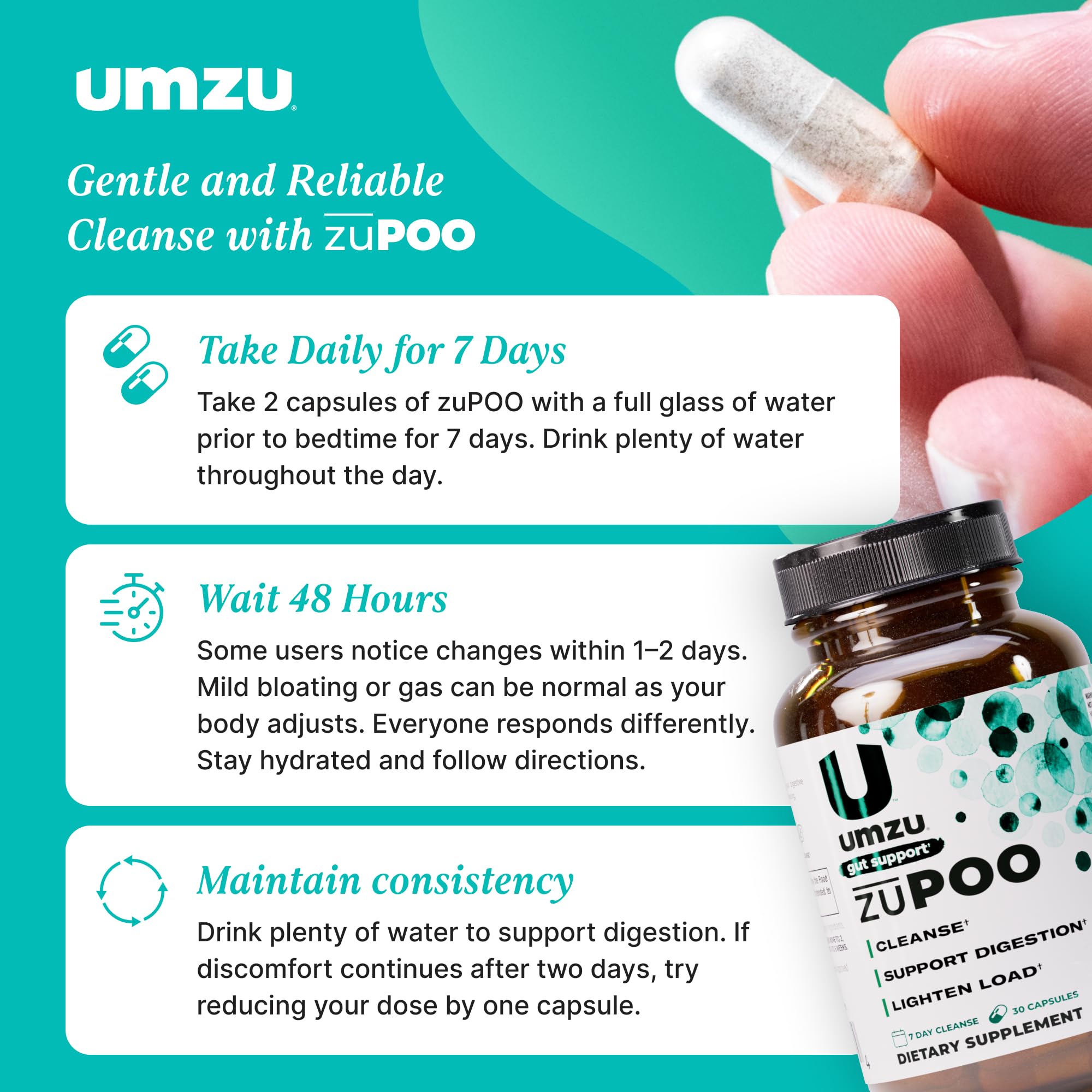 UMZU zuPOO Detox — dosage nocturne simple, 1 à 2 capsules selon vos besoins.