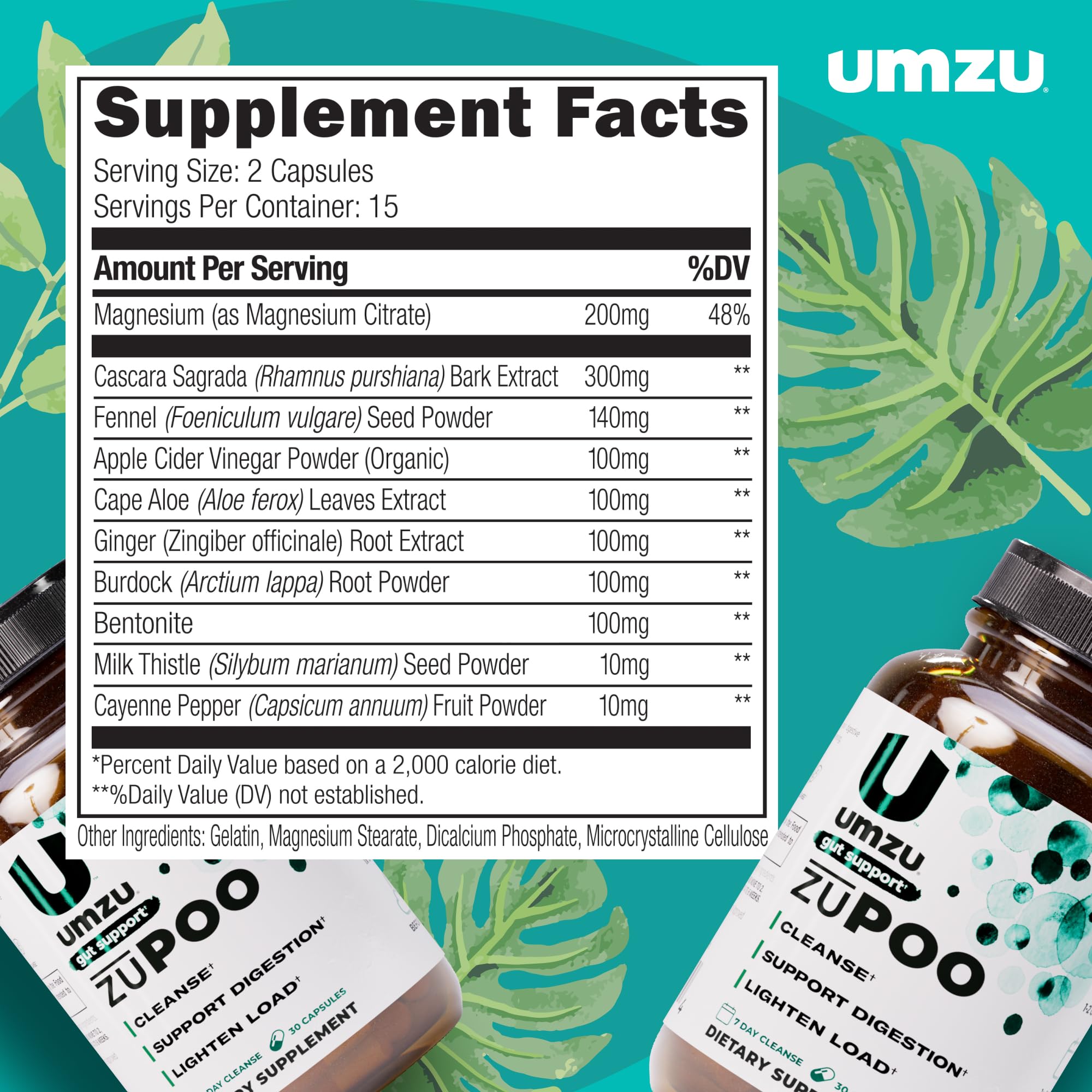 UMZU zuPOO Detox — liste d’ingrédients visibles incluant cascara et magnésium.