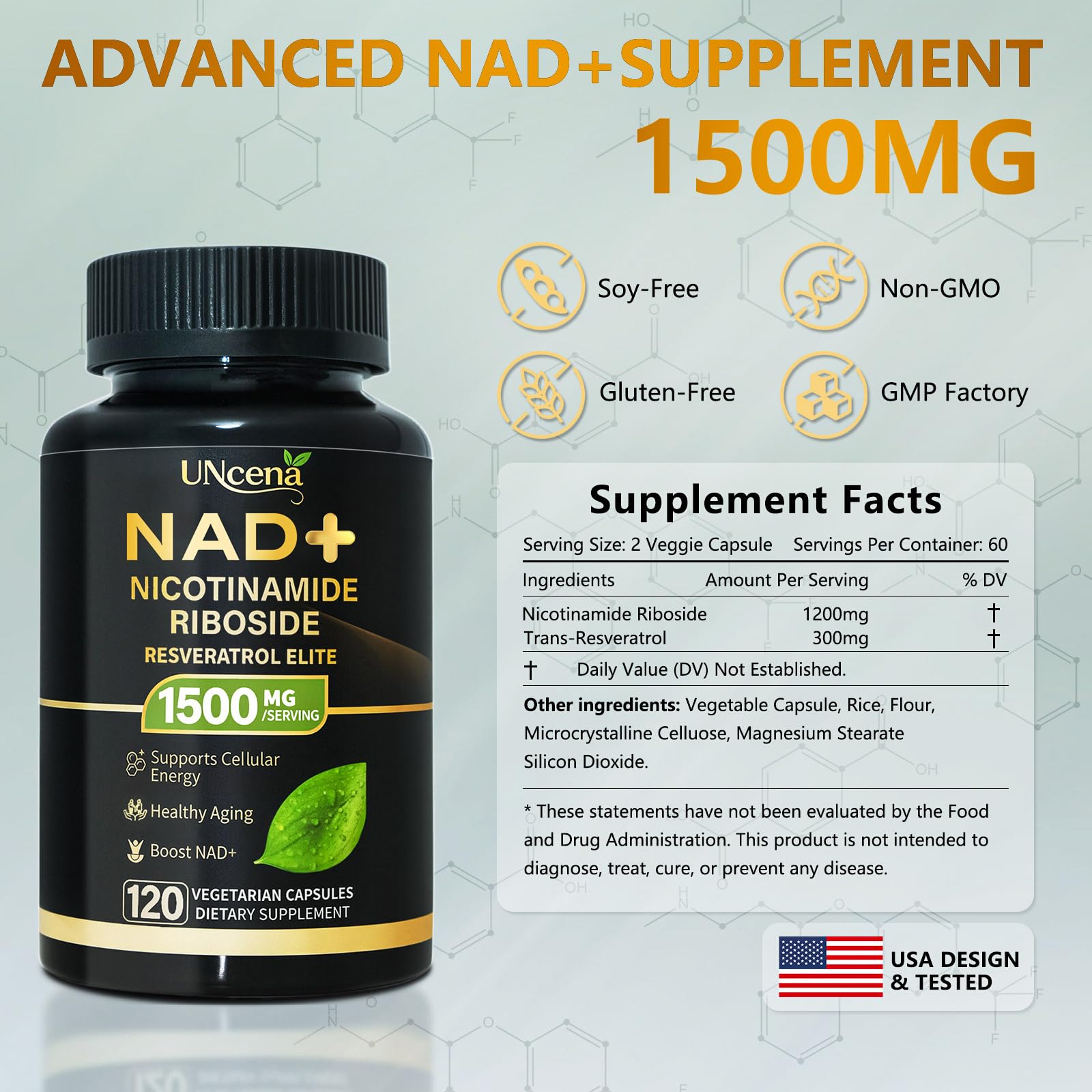 UNcena NAD, ingrédients: NR et résveratrol pour un effet antioxydant synergique.