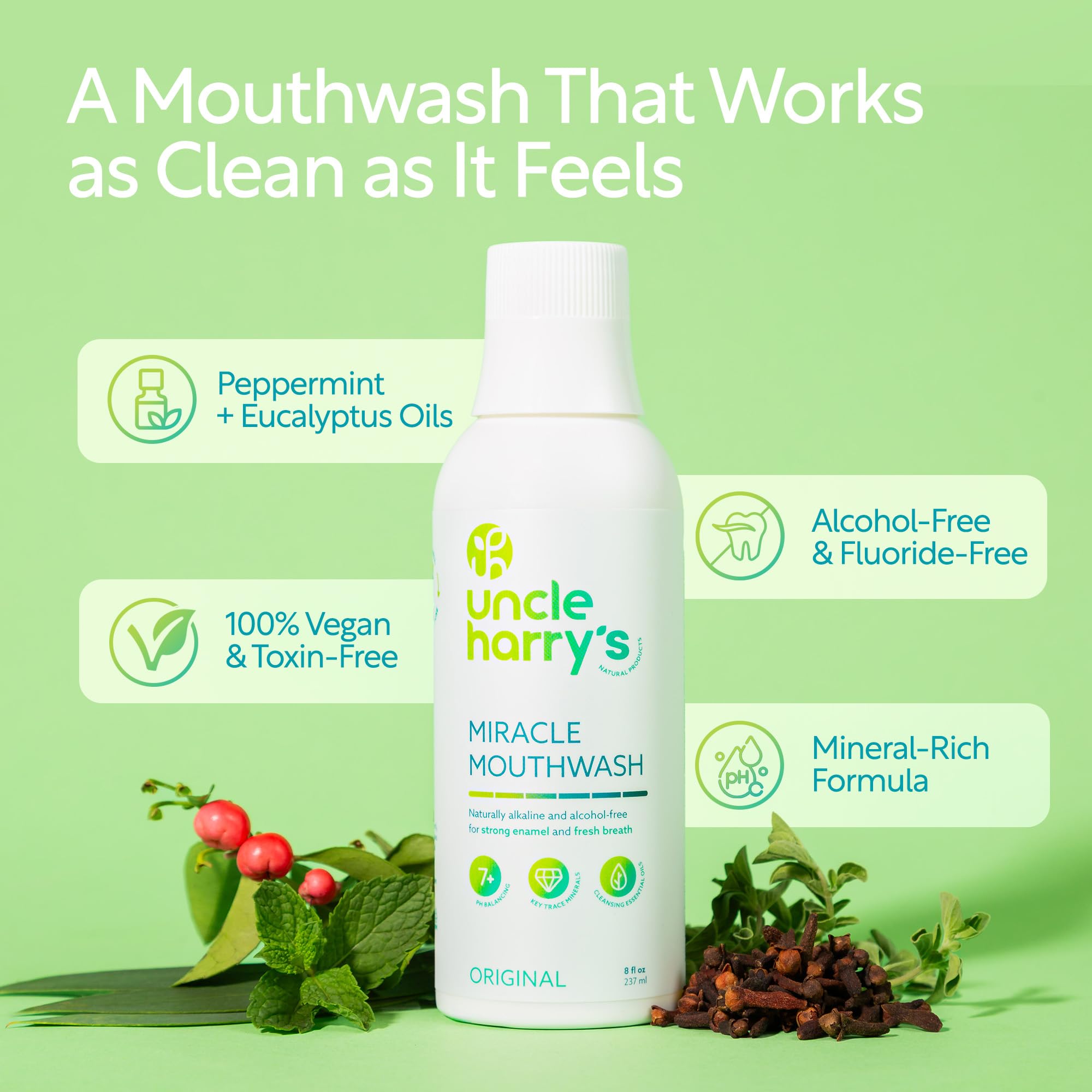 Ingrédients naturels visibles, soin buccal doux avec Uncle Harry's Miracle.