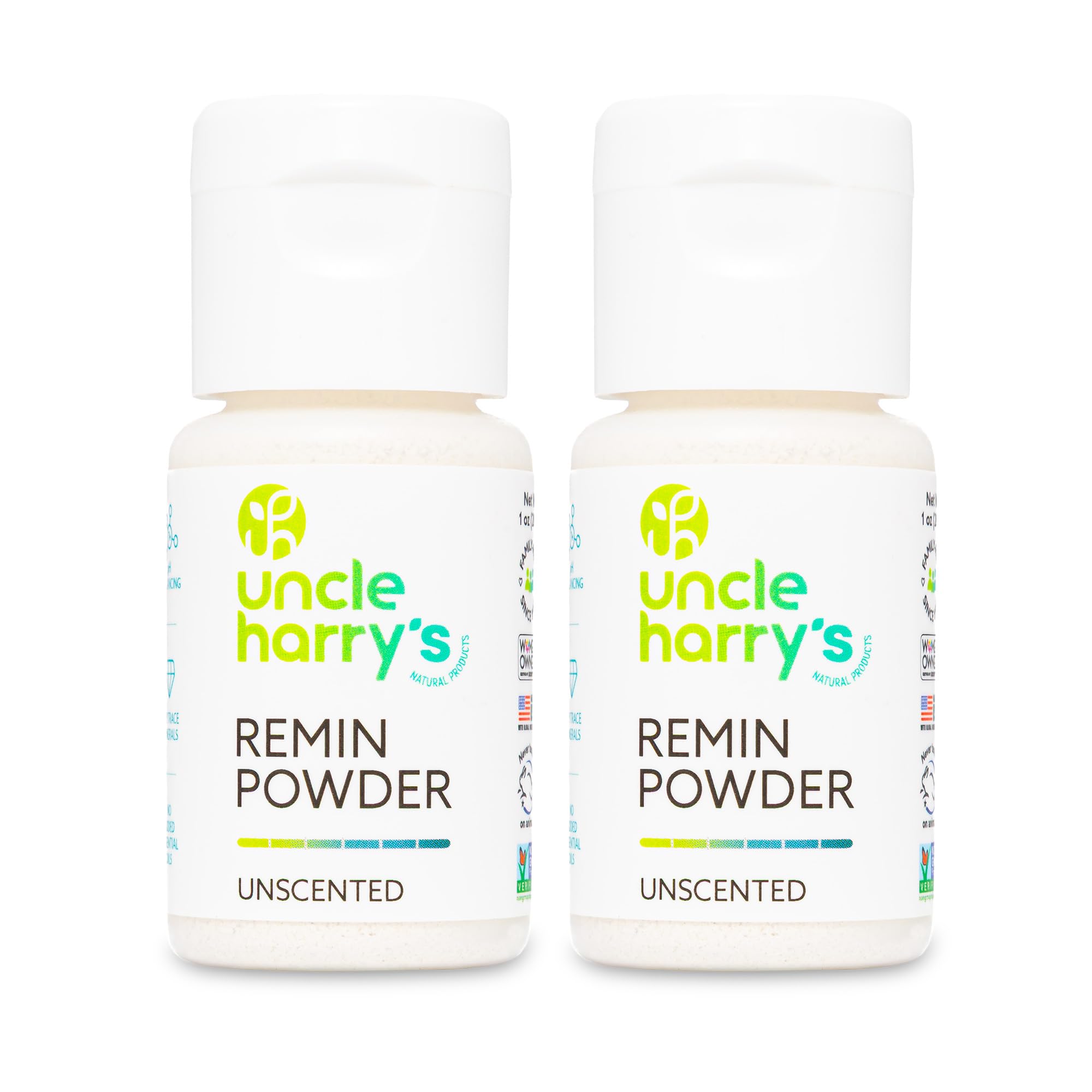 Emballage Uncle Harry's Poudre reminéralisante sans parfum prêt pour utilisation quotidienne.