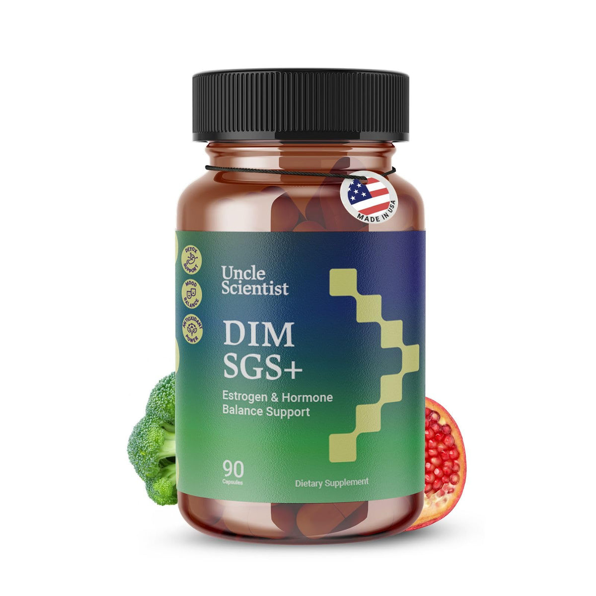 Bouteille Uncle Scientist DIM SGS+ avec capsules faciles à avaler pour soutenir l'équilibre hormonal.