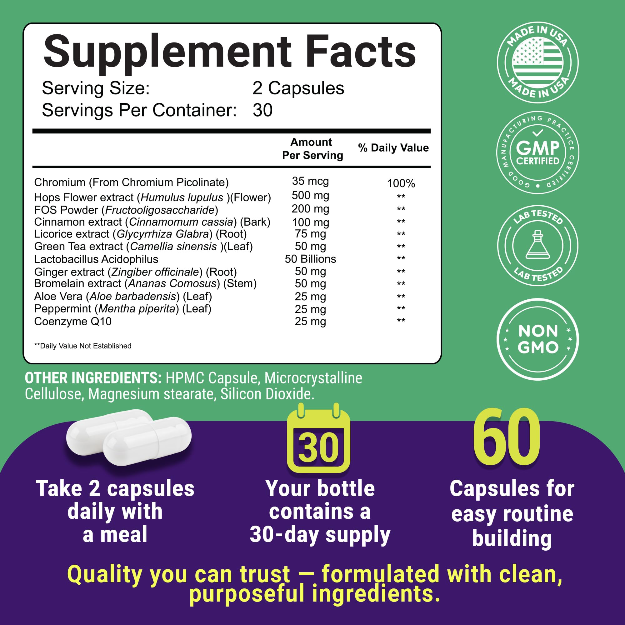 Détail d'étiquette GLP-1 Probiotique Uncle Scientist, conseils sur les ingrédients et dosage quotidien.