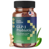 Bouteille GLP-1 Probiotique Uncle Scientist, présentation de l'action probiotique pour l'équilibre intestinal.