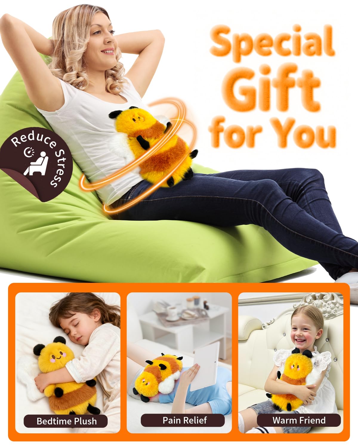 Abeille peluche Uncn, housse amovible lavable pour entretien facile.
