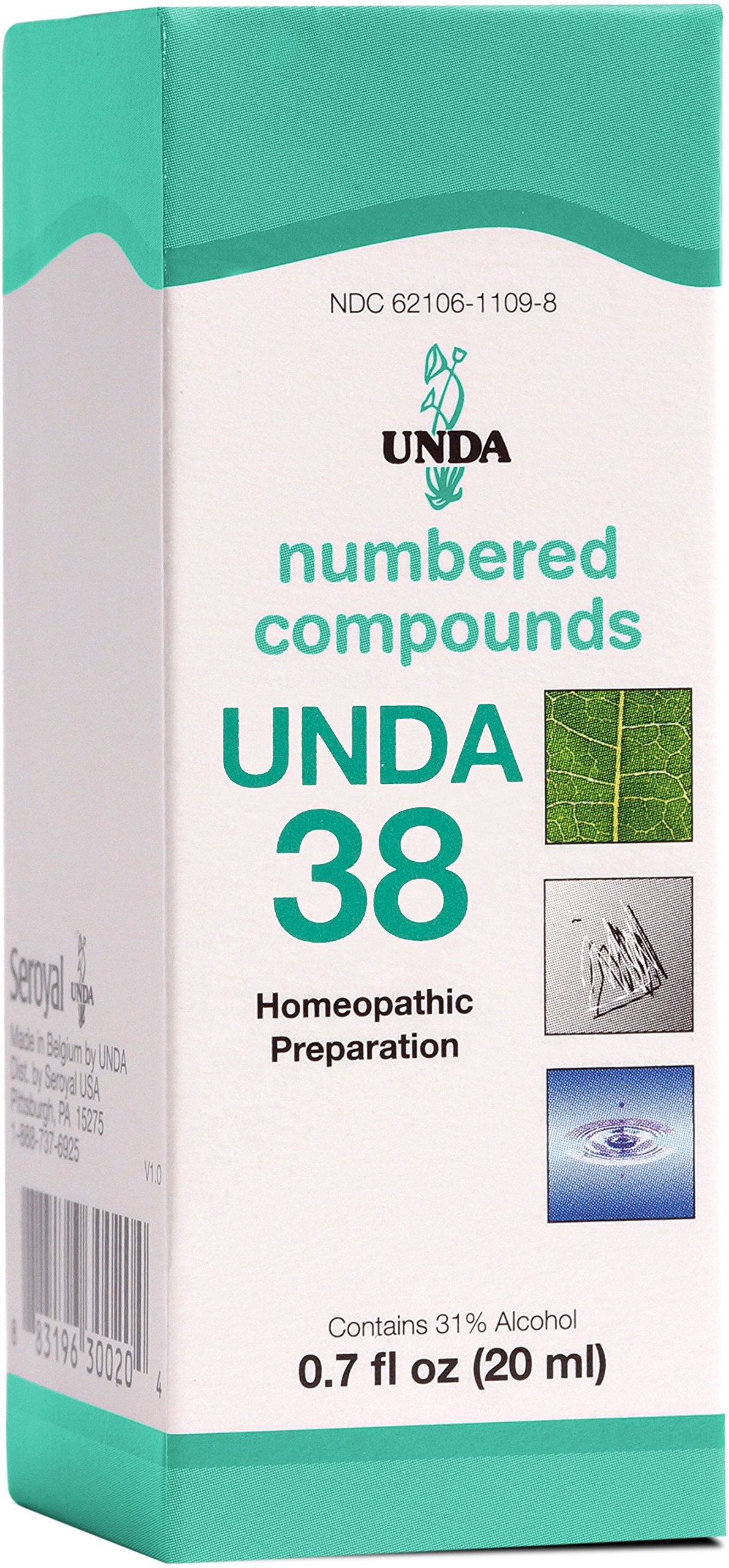 UNDA 38: flacon de composés numérotés, présentation claire et approche organotropique.