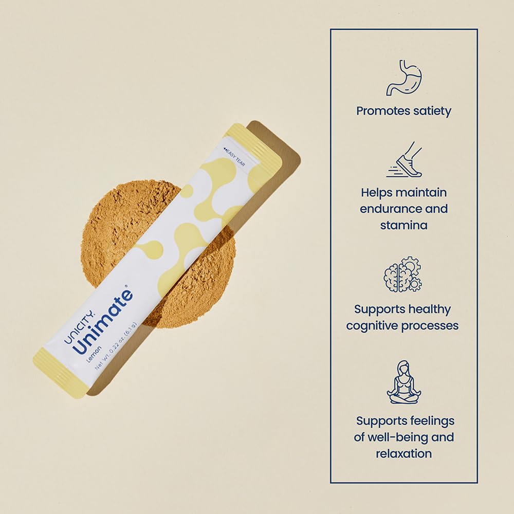 Unicity Feel Great System Balance Citron, poudre rafraîchissante prête à être mélangée dans l'eau.