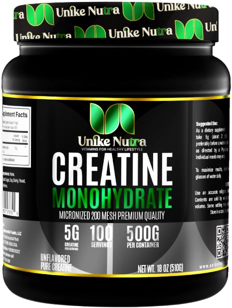 Emballage d'Unike Nutra Creatine Monohydrate, pratique et compact.