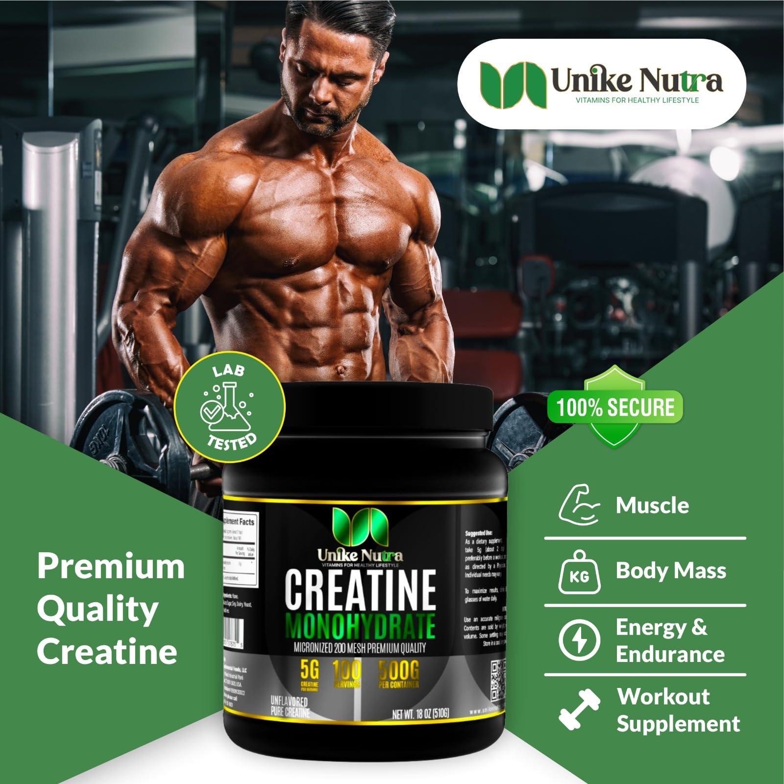 Poudre micronisée d'Unike Nutra Creatine Monohydrate pour une meilleure absorption.