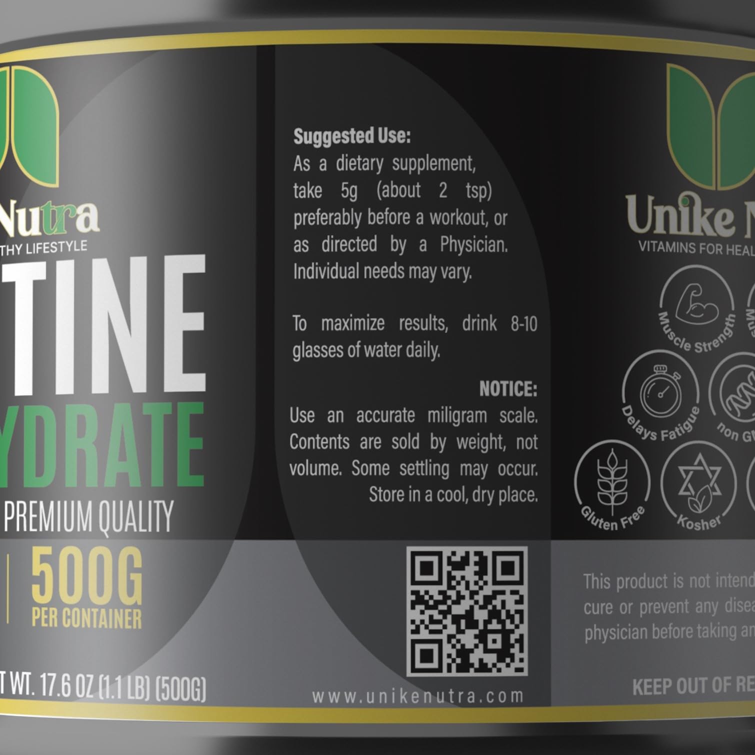 Qualité certifiée kasher et halal d'Unike Nutra Creatine Monohydrate.