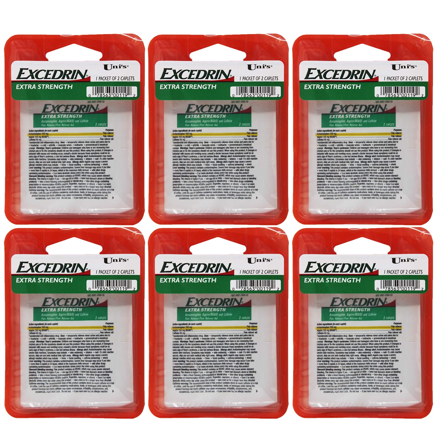 Uni's Excedrin – boîte présentant 6 sachets pour un usage pratique en déplacement