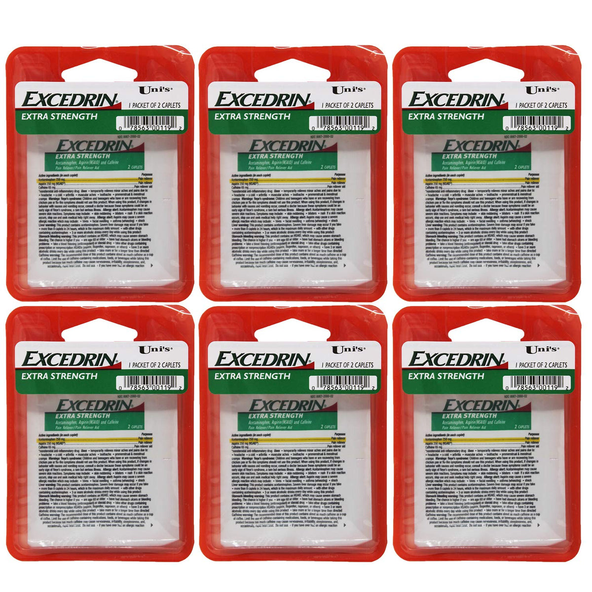 Uni's Excedrin – boîte présentant 6 sachets pour un usage pratique en déplacement