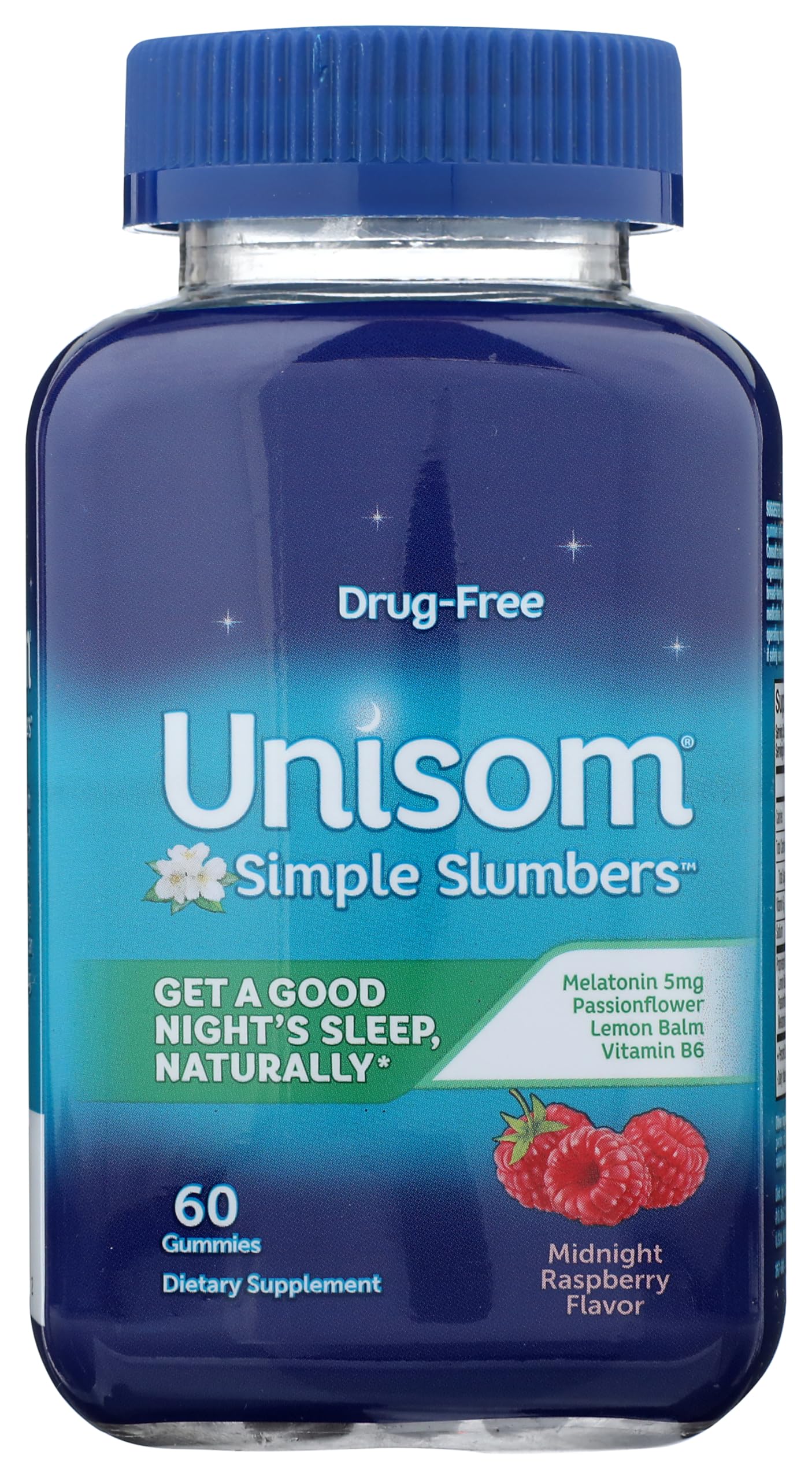 Unisom Simple Slumbers gommes mélatonine, bouteille visible, endormissement naturel.