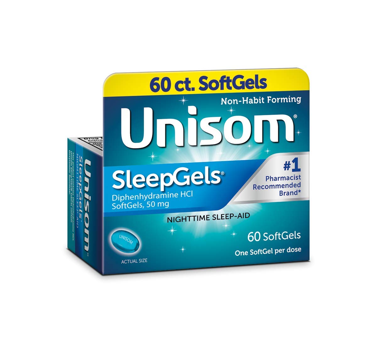 Bouteille Unisom SleepGels de 60 gélules pour sommeil apaisé.