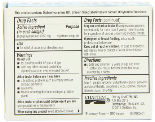 Étiquette et étui de la bouteille Unisom SleepGels lisibles et clairs.