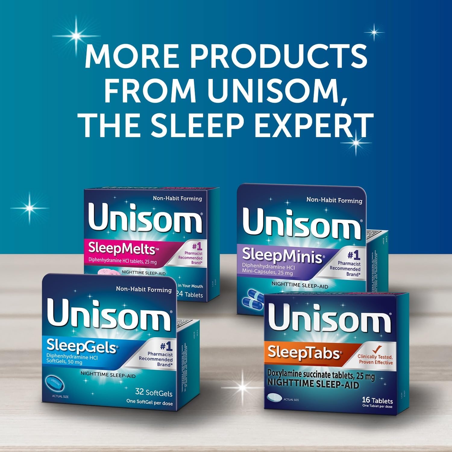 Unisom SleepTabs – ambiance nuit sereine suggérant un sommeil réparateur.