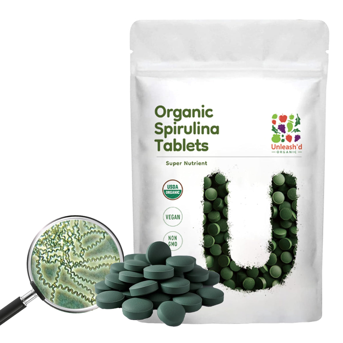 UNLEASH'D ORGANIC Spiruline, comprimés en bouteille, énergie naturelle et pureté végétale