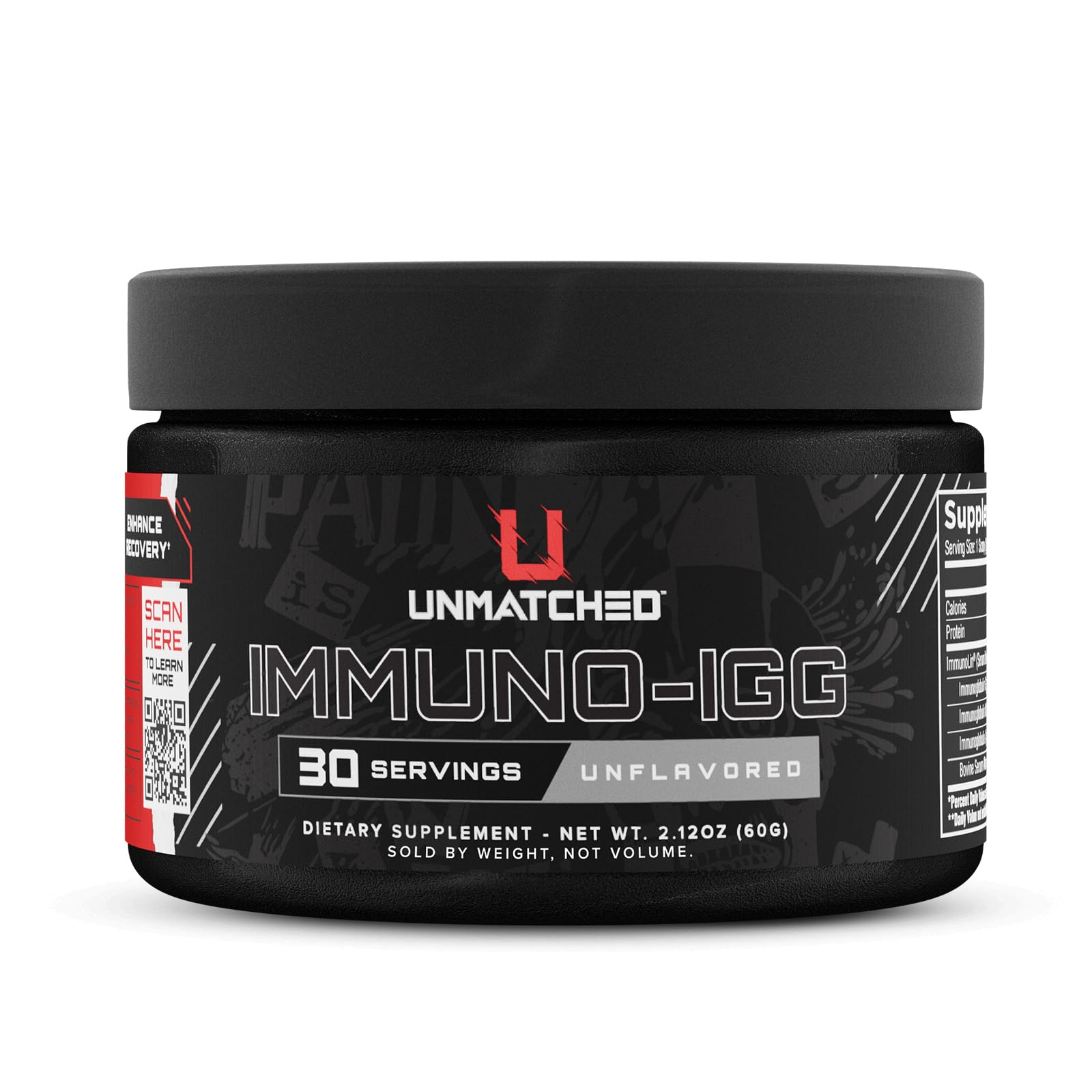 Unmatched Immuno-IGG Colostrum en poudre — emballage visible avec soutien potentiel du système immunitaire.