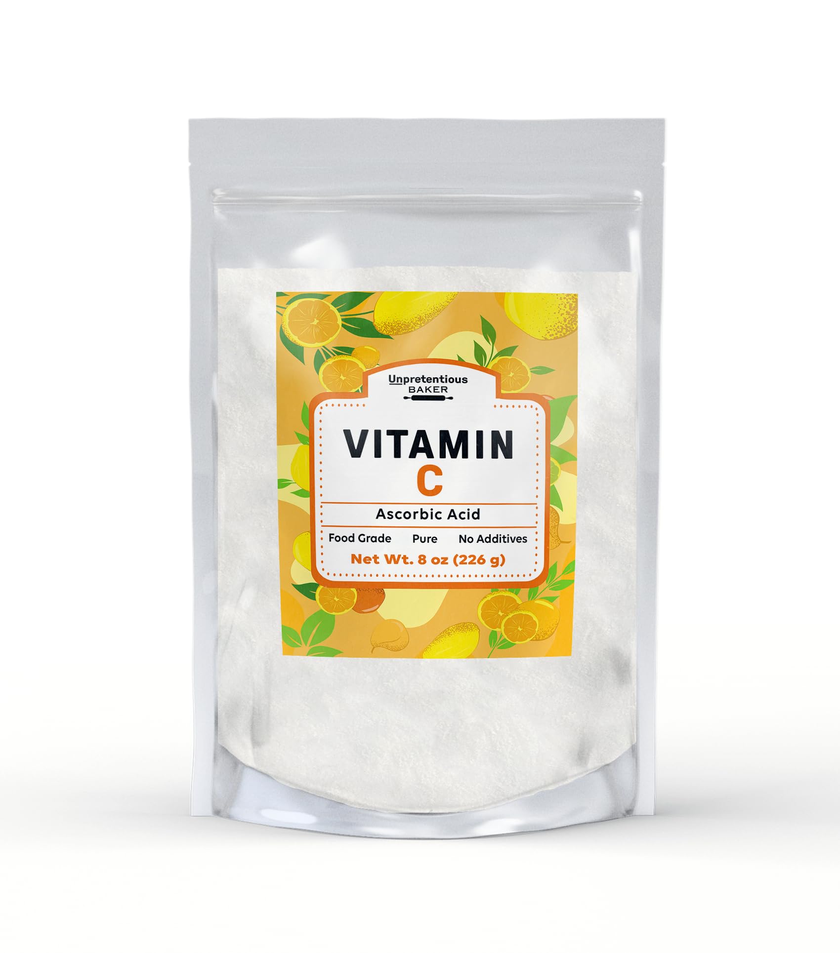 Unpretentious vitamine C en poudre dans un sachet refermable, utile pour la boulangerie.