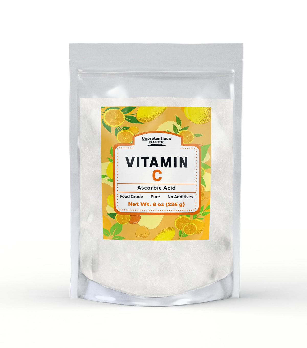 Unpretentious vitamine C en poudre dans un sachet refermable, utile pour la boulangerie.