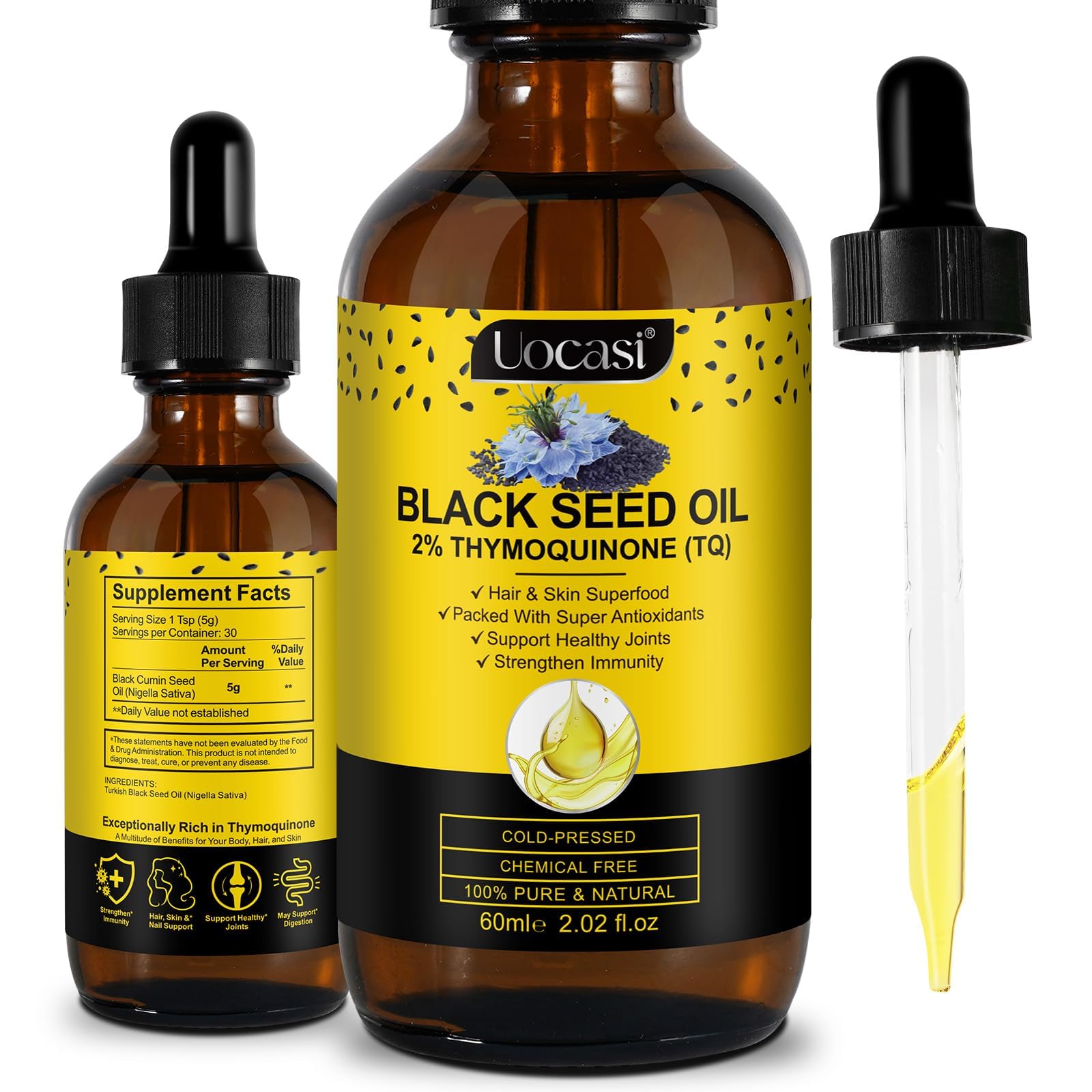 Uocasi huile de graine noire — bouteille prête à nourrir les cheveux.