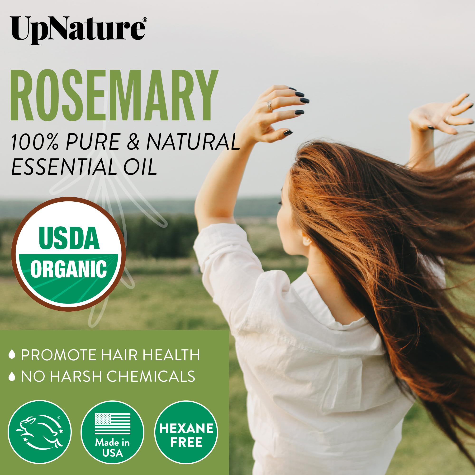 UpNature huile romarin pure pour cuir chevelu, favorise une apparence saine des cheveux.