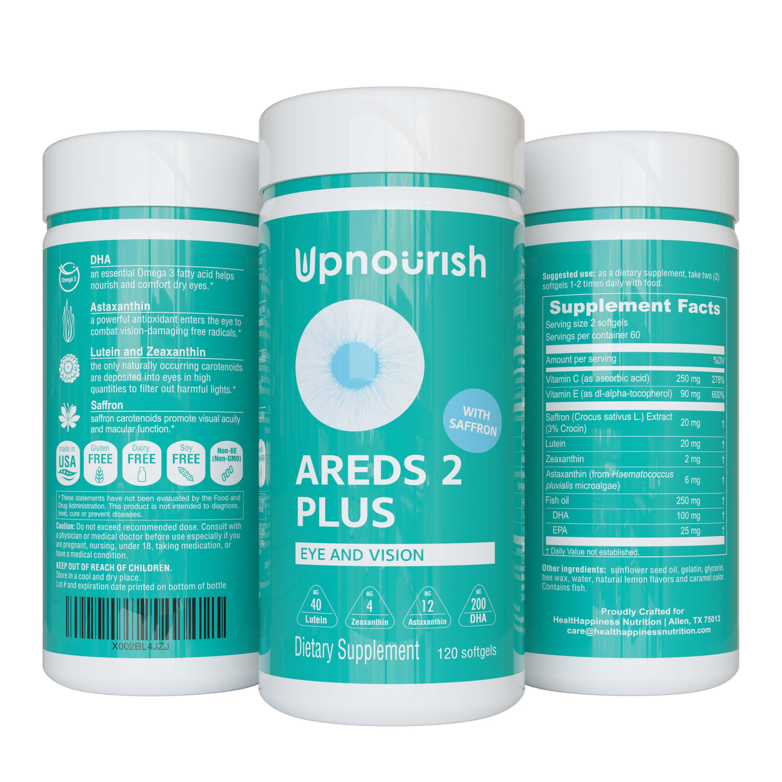 UpNourish AREDS 2 Plus bouteille ouverte pour un dosage quotidien des yeux.