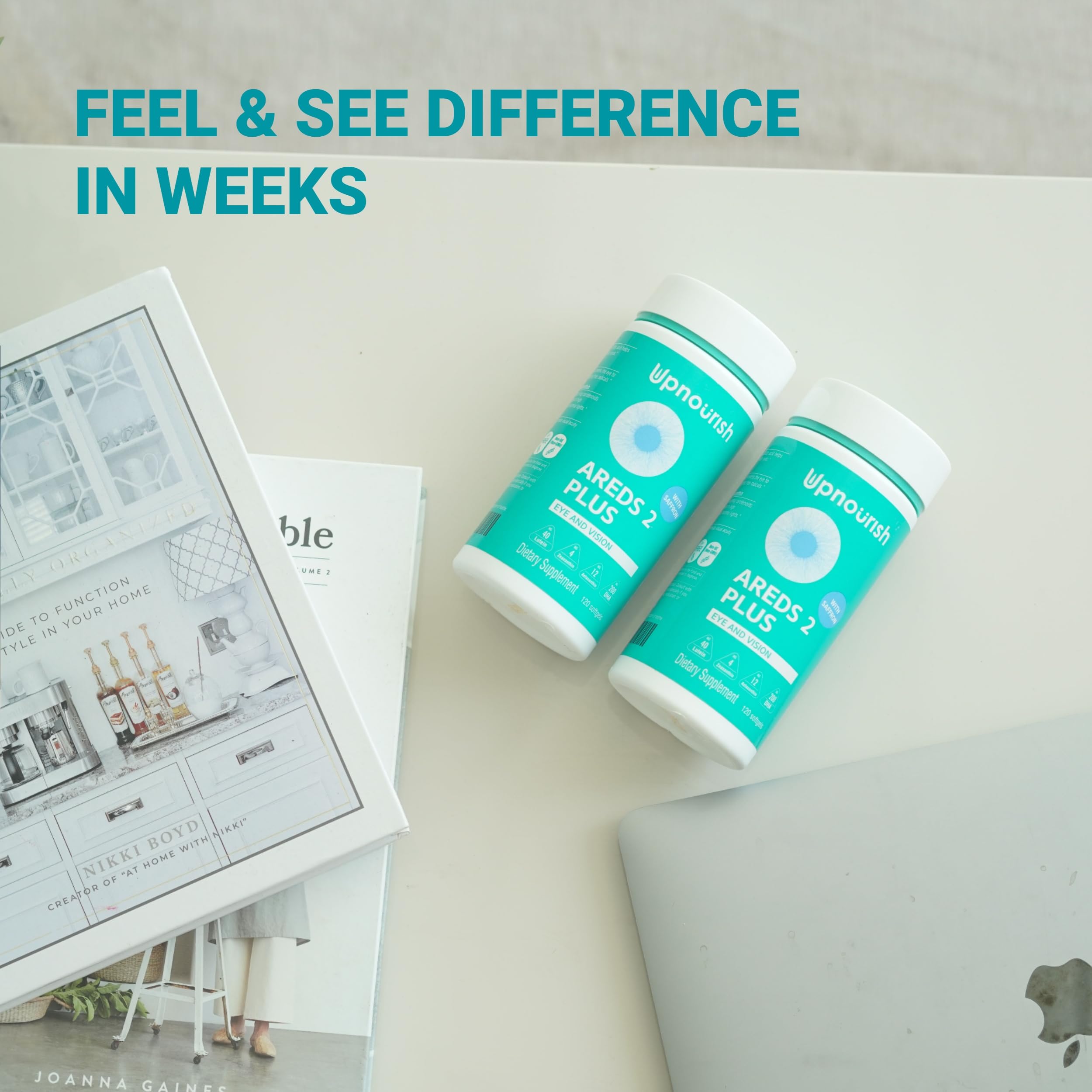 UpNourish AREDS 2 Plus safran et DHA, couleur dorée et ingrédients clés.