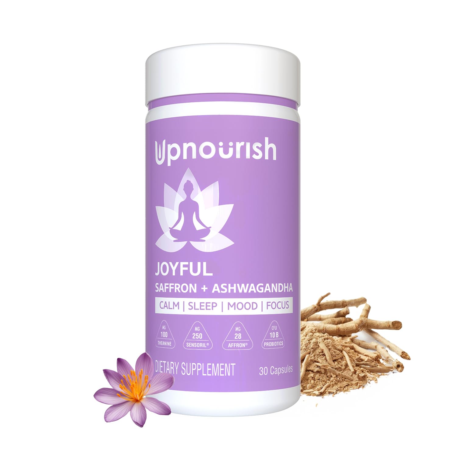 UpNourish Ashwagandha Safran Probiotiques – bouteille pour soutien émotionnel et concentration