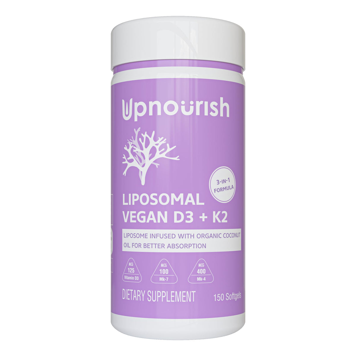 UpNourish bouteille-gelules D3-K2 pour un apport quotidien potentiel.