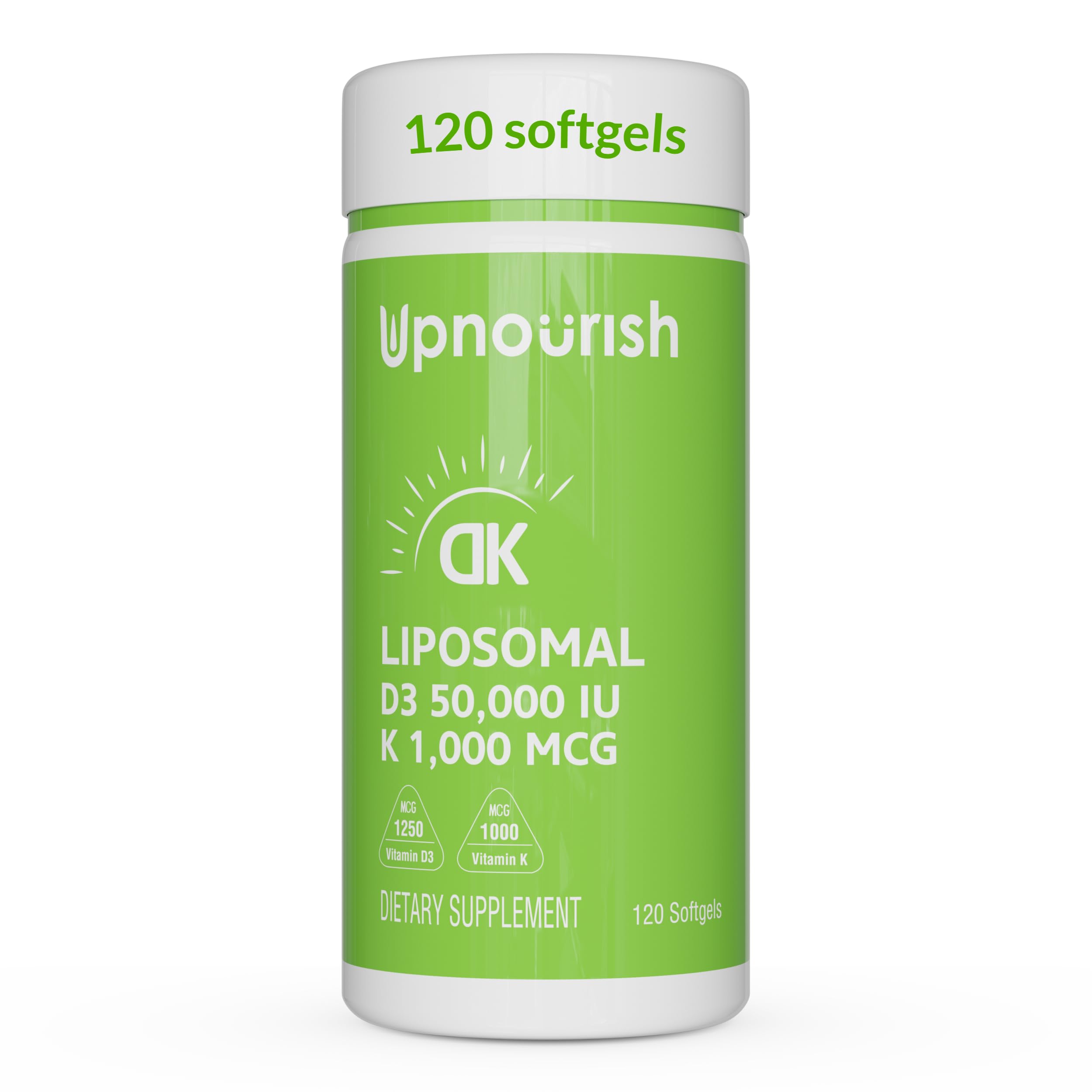 UpNourish Liposomal D3 50000 UI en bouteille, facilité d'utilisation hebdomadaire.