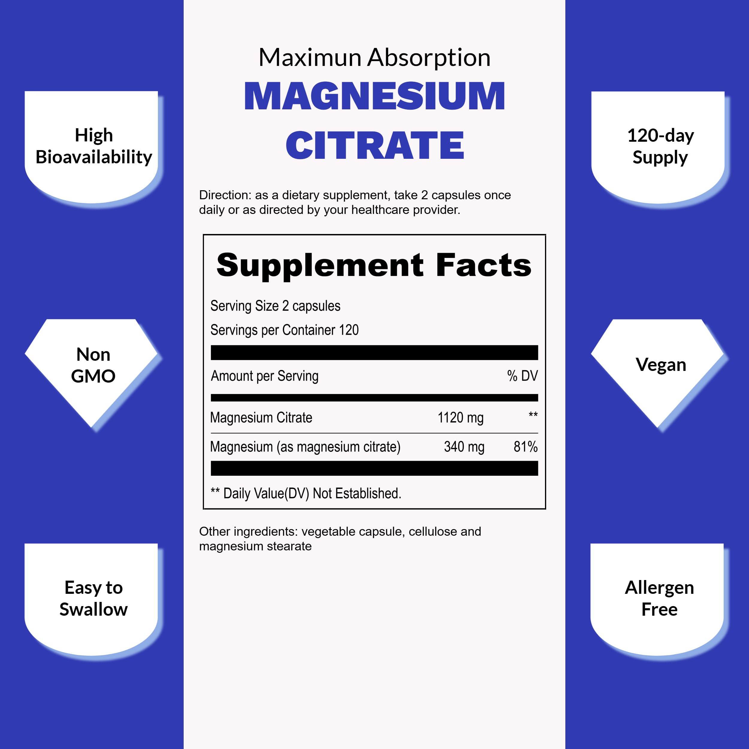 Gélules UpNourish Magnésium Citrate Pur, faciles à avaler.