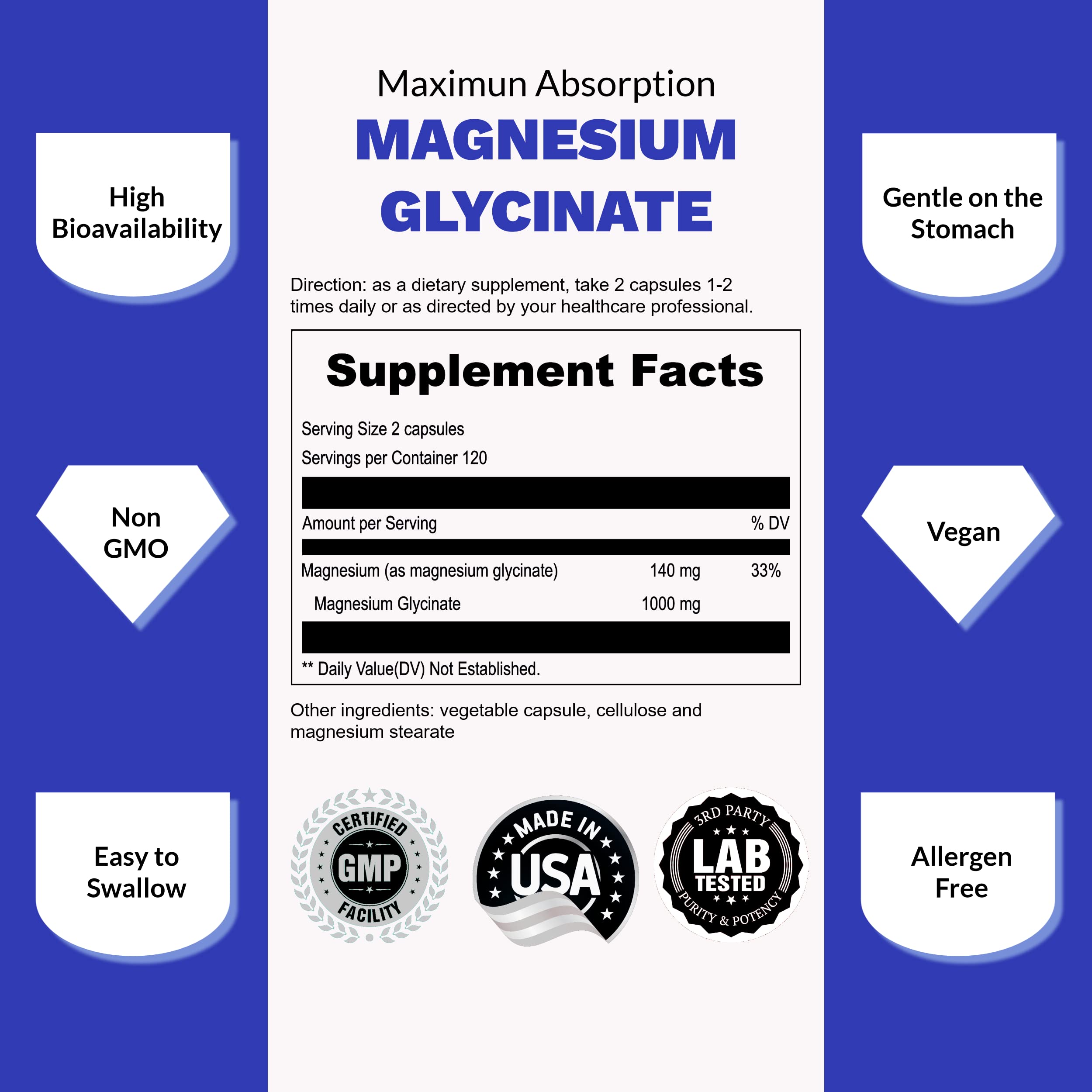 Présentation vegan UpNourish Magnésium Glycinate - capsules faciles à avaler et bien-être quotidien.