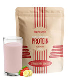 UpNourish poudre protéine végane fraise-banane dans bouteille prête à mélanger.