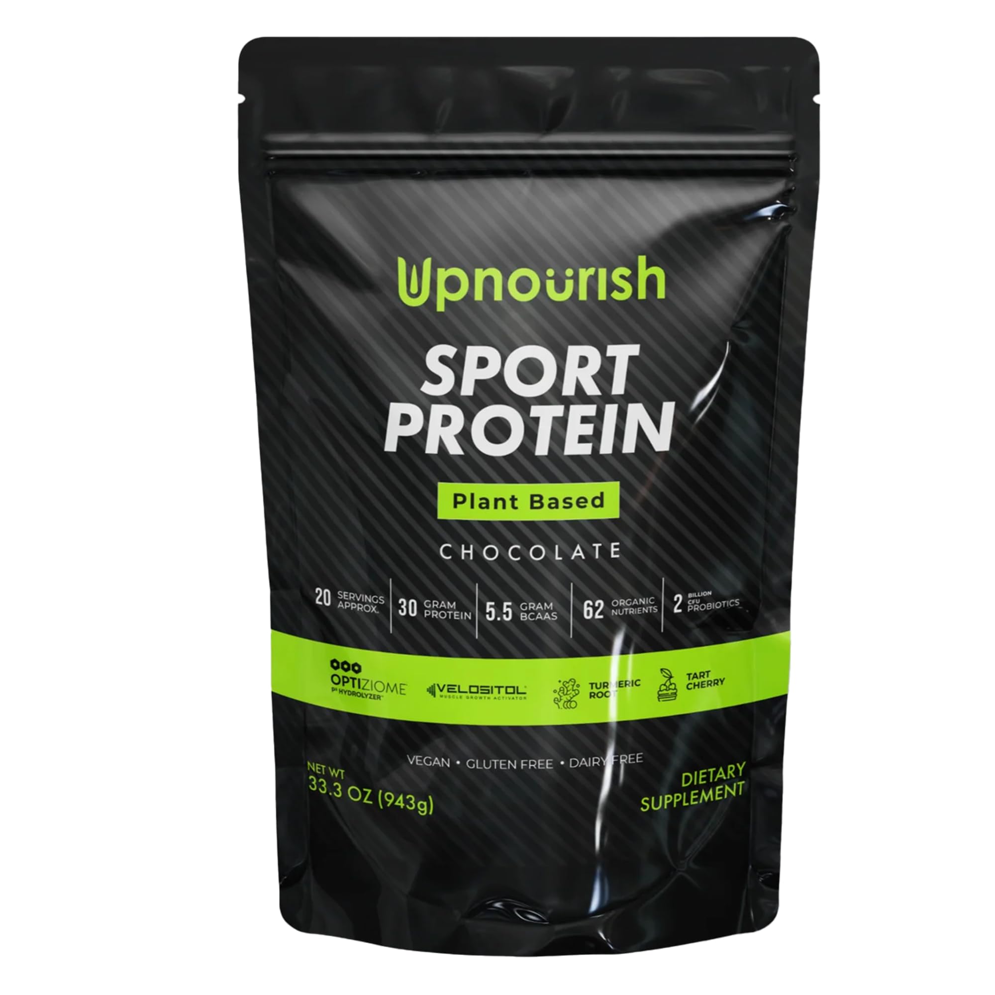 UpNourish protéine sport végan chocolat poudre, soutien à la récupération après l'entraînement.