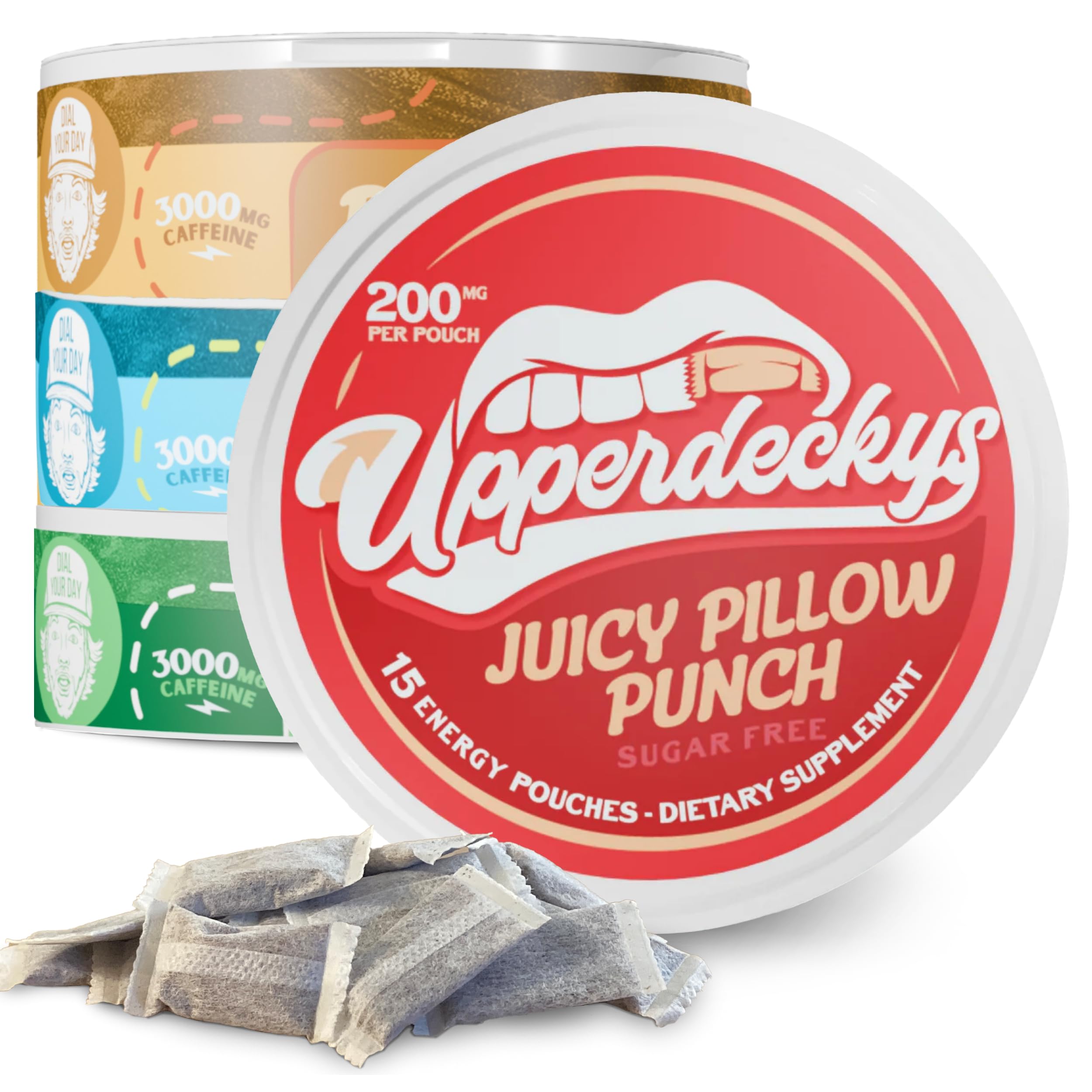 Upperdeckys Pochettes énergie caféine, vue d’ensemble des quatre saveurs pour boost rapide.