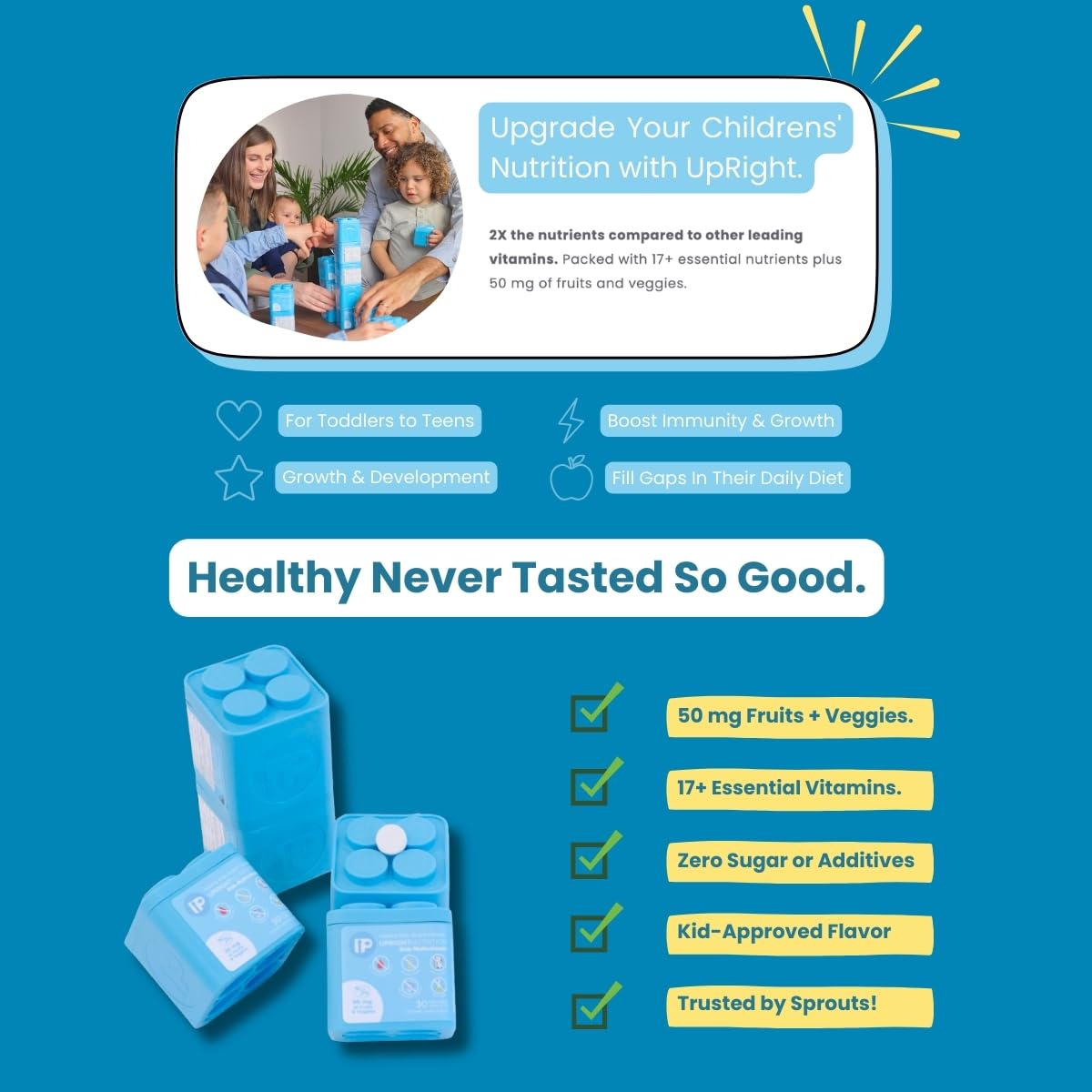 Upright Nutrition Enfants Multivitamine - Bouteille colorée rendant la routine santé plus agréable.