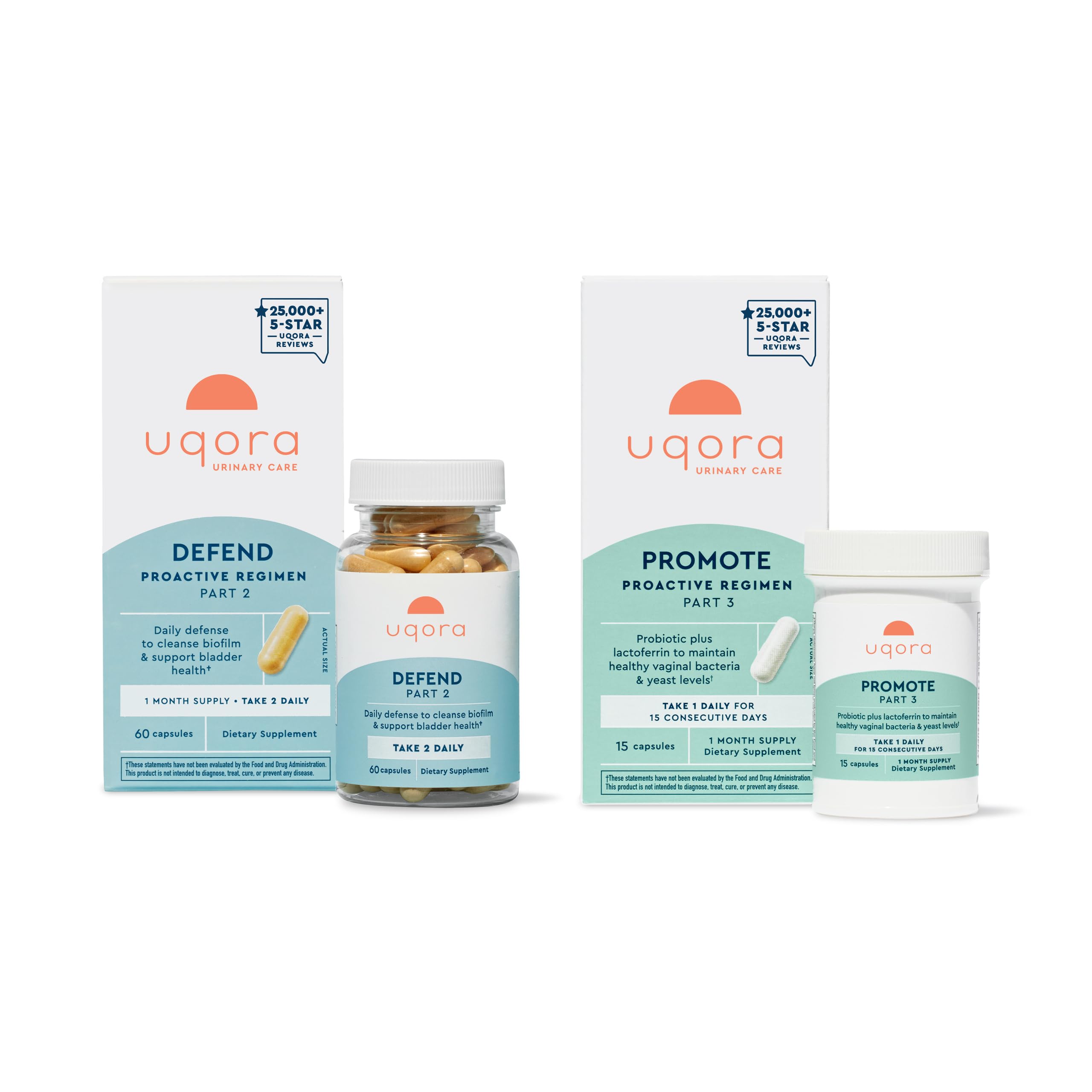 Uqora Defend bouteille montrant le potentiel nettoyage du biofilm et soutien urinaire.