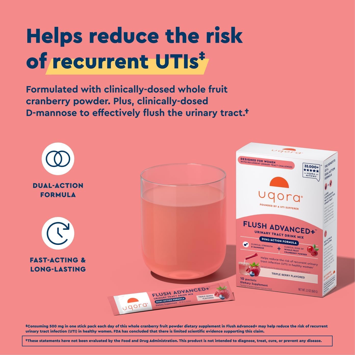 Uqora Flush Advanced+ : ingrédients cranberry et D-mannose visibles pour la santé urinaire