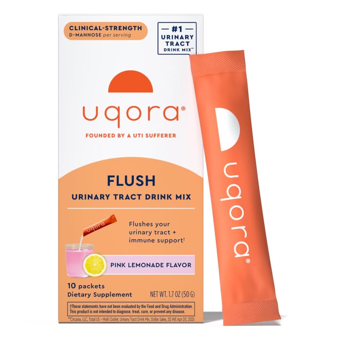 Boîte Uqora Flush avec sachets citron-rose pour une routine urinaire quotidienne.