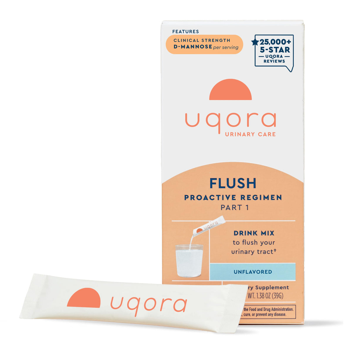 Uqora Flush montre le sachet prêt à être mélangé dans l'eau pour soutenir la santé urinaire.