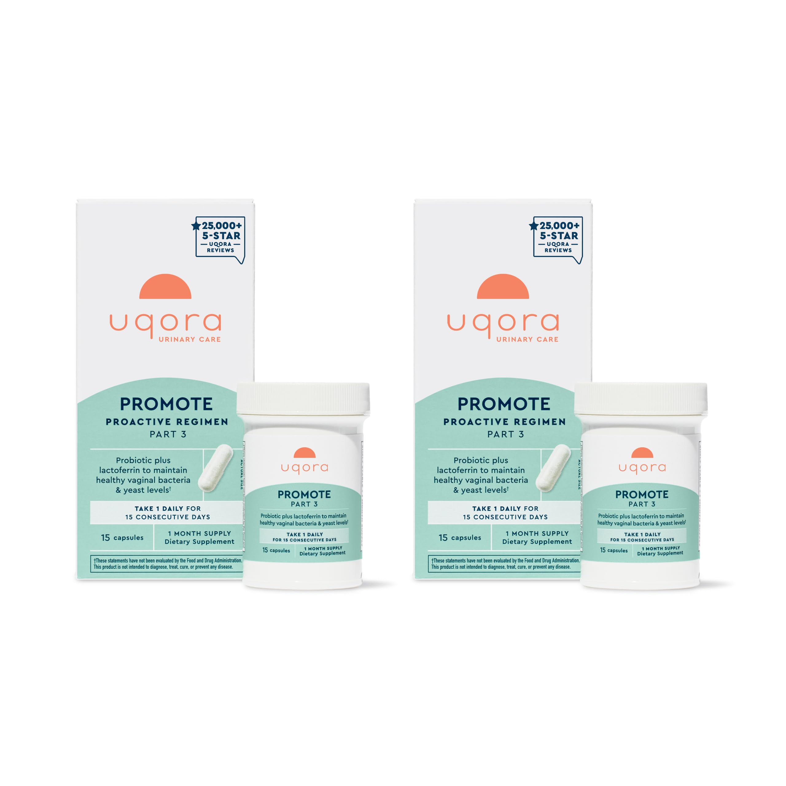 Uqora Promote: bouteille et capsules, soutien potentiel au confort vaginal au quotidien.