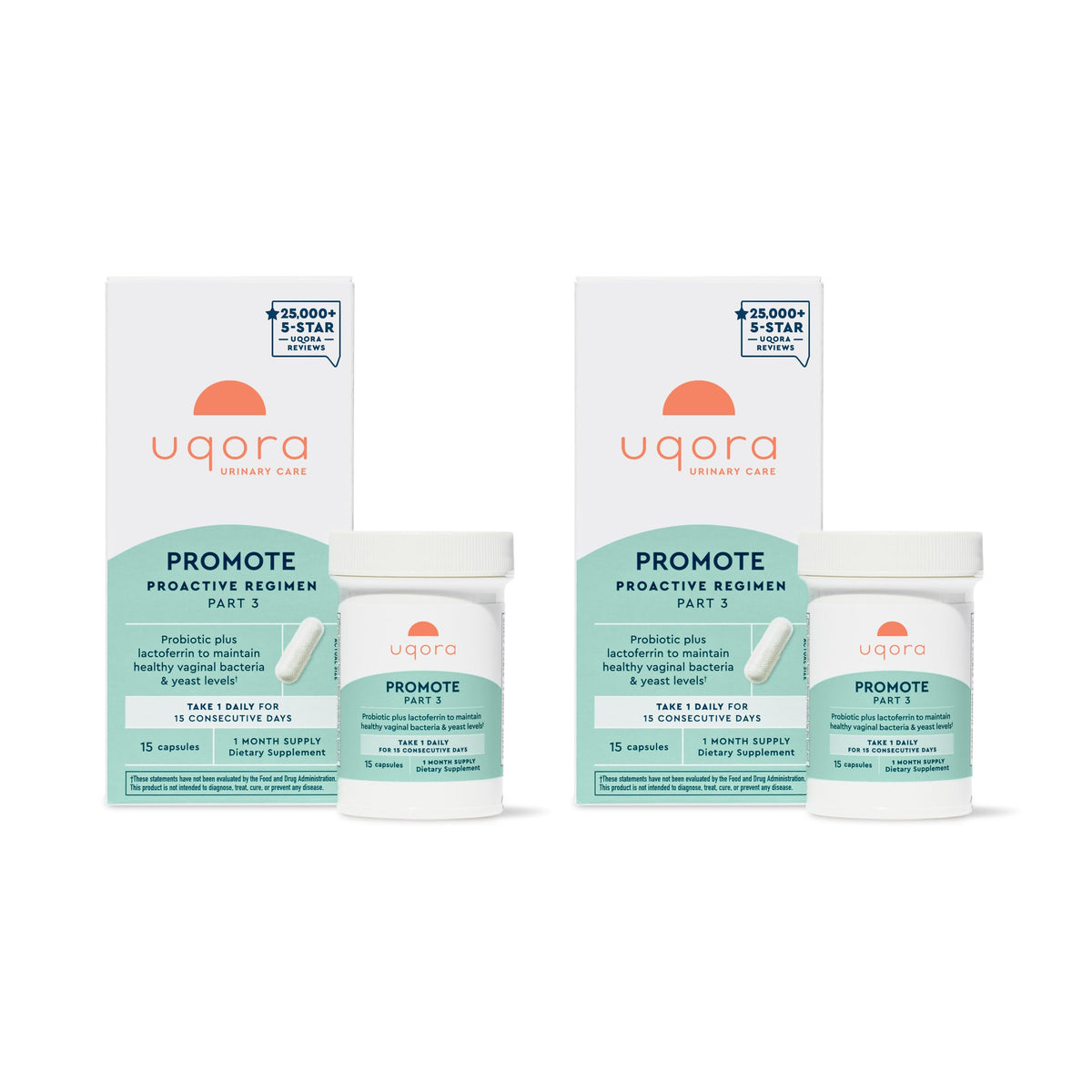 Uqora Promote: bouteille et capsules, soutien potentiel au confort vaginal au quotidien.