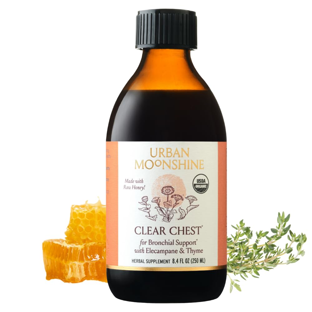 Urban Moonshine Clear Chest Syrup - bouteille en vedette, soutien du confort respiratoire.