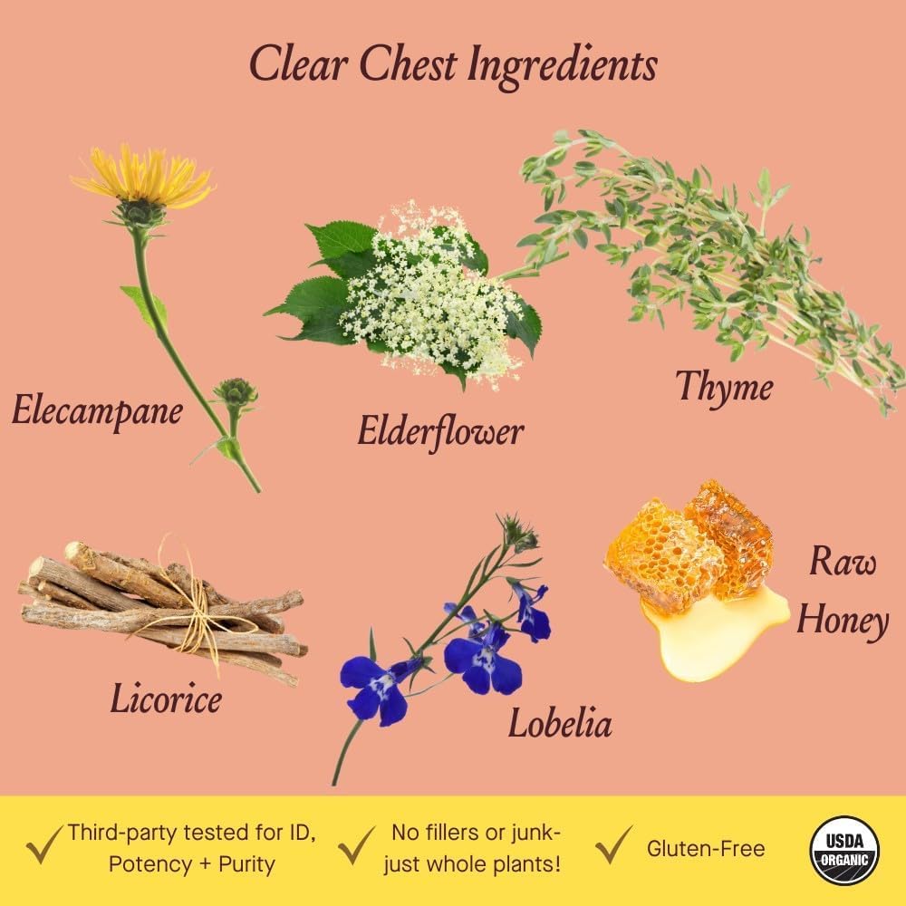 Ingrédients Elecampane et thym dans Urban Moonshine Clear Chest Syrup, soutien des voies respiratoires.